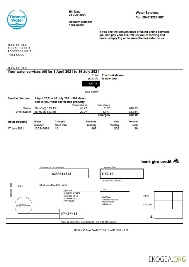 United Kingdom Thames Water utility bill template in Word and PDF format